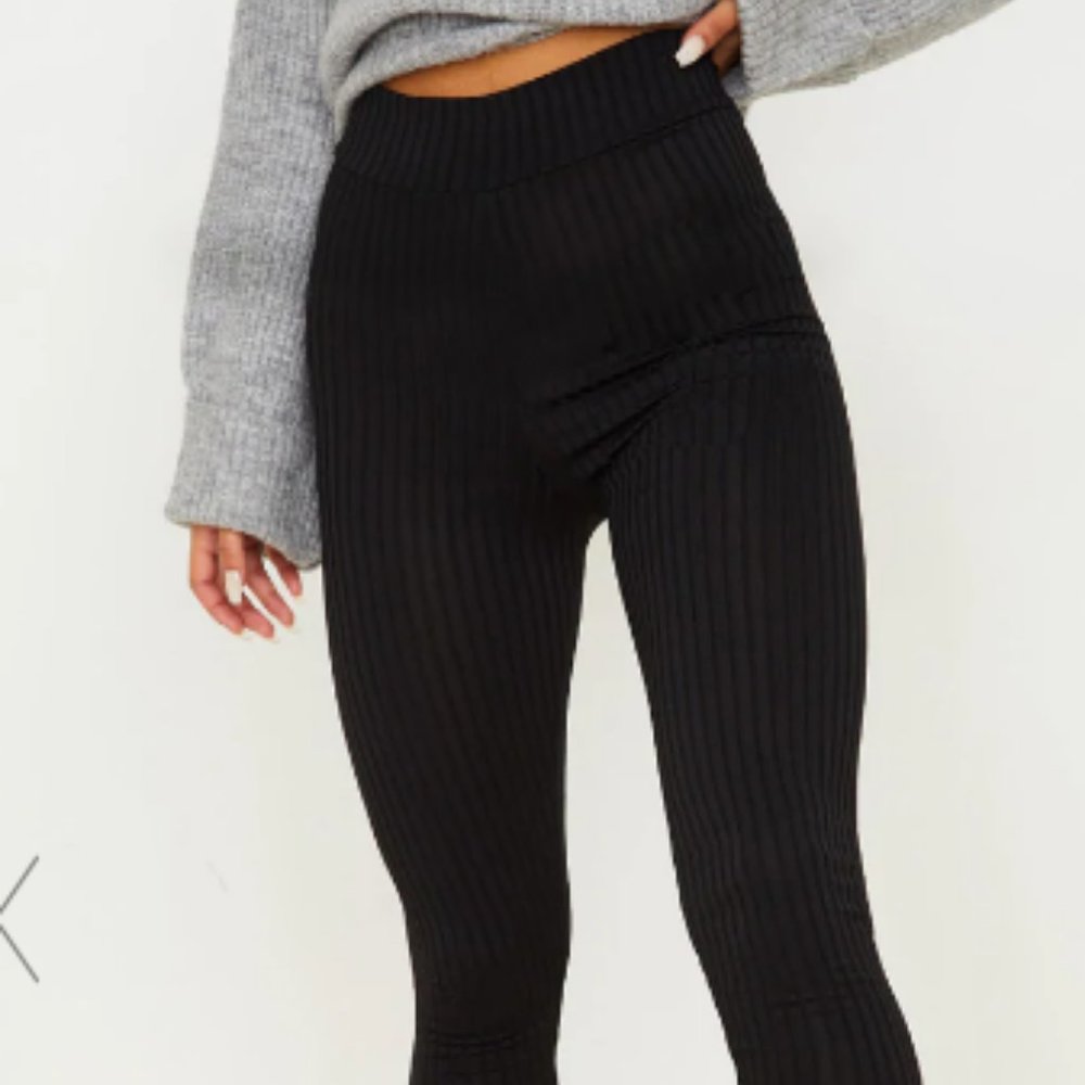 PrettyLittleThing Black Ribbed High Waist Leggings. Never worn. Size 12.